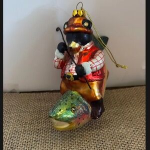 Glass Bear Fishing Bear Ornament
